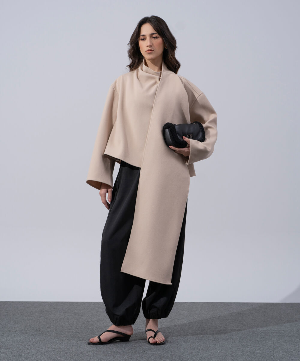 Women's Western Wear Beige Polyester Short Coat With Scarf