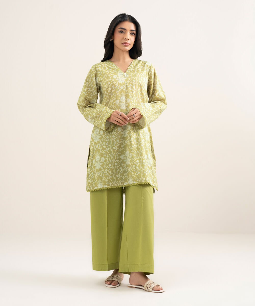 Women's RTW Lawn Printed Green Straight Shirt