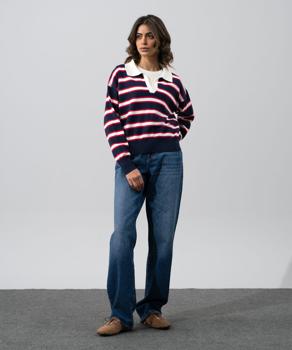 Women's Western Wear Navy Blue And Red Striped Polo Neck Sweater