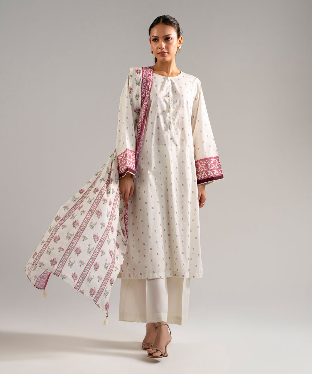 Women's RTW Slub Lawn Printed White 3 Piece Suit