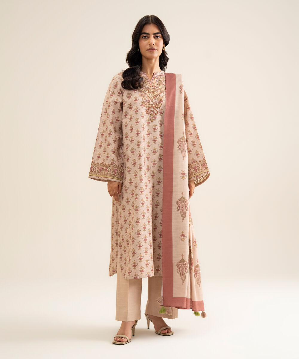 Women's Unstitched Premium Khaddar Embroidered Beige 3 Piece Suit