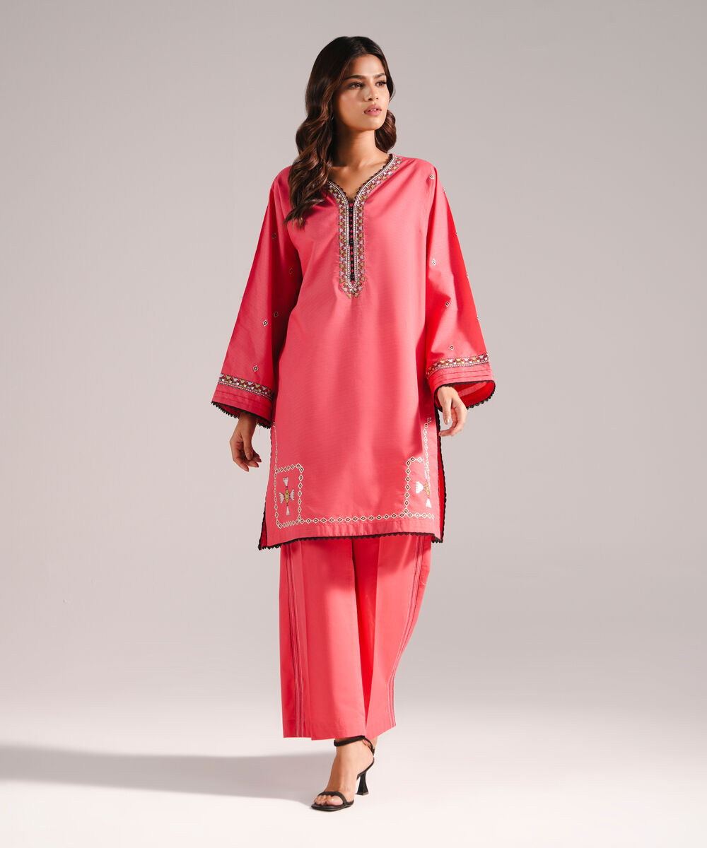 Women's RTW Zari Lawn Embroidered Coral Red Straight Shirt