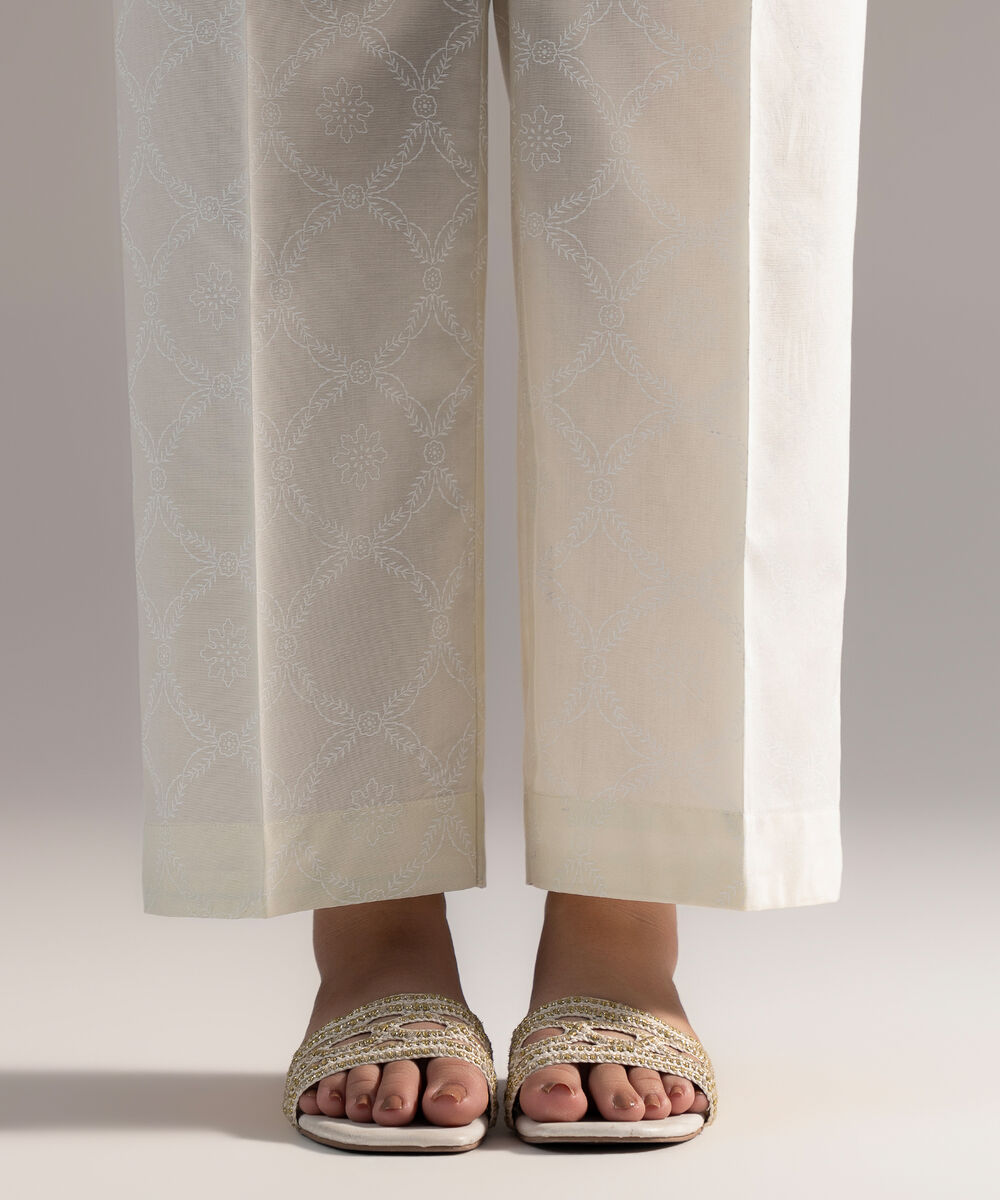 Women's RTW Cambric Printed Off White Straight Pants