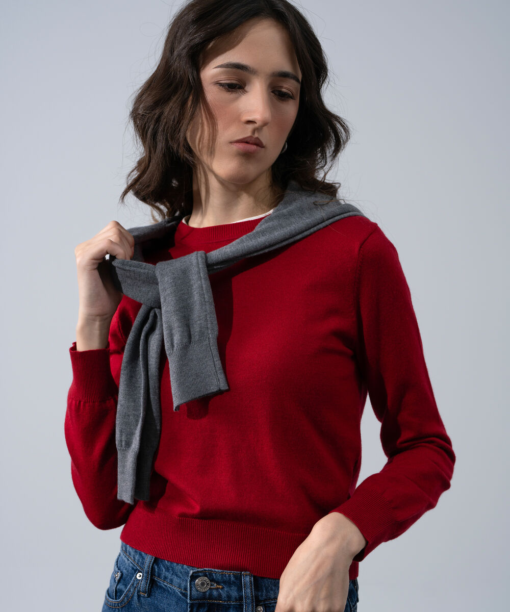 Women's Western Wear Red Round Neck Knit Sweater