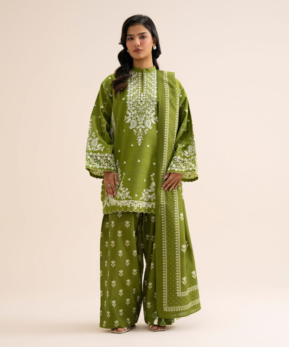 Women's Unstitched Light Khaddar Embroidered Olive Green 3 Piece Suit