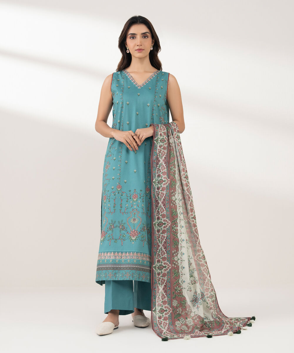 Women's Unstitched Lawn Printed Blue 3 Piece Suit