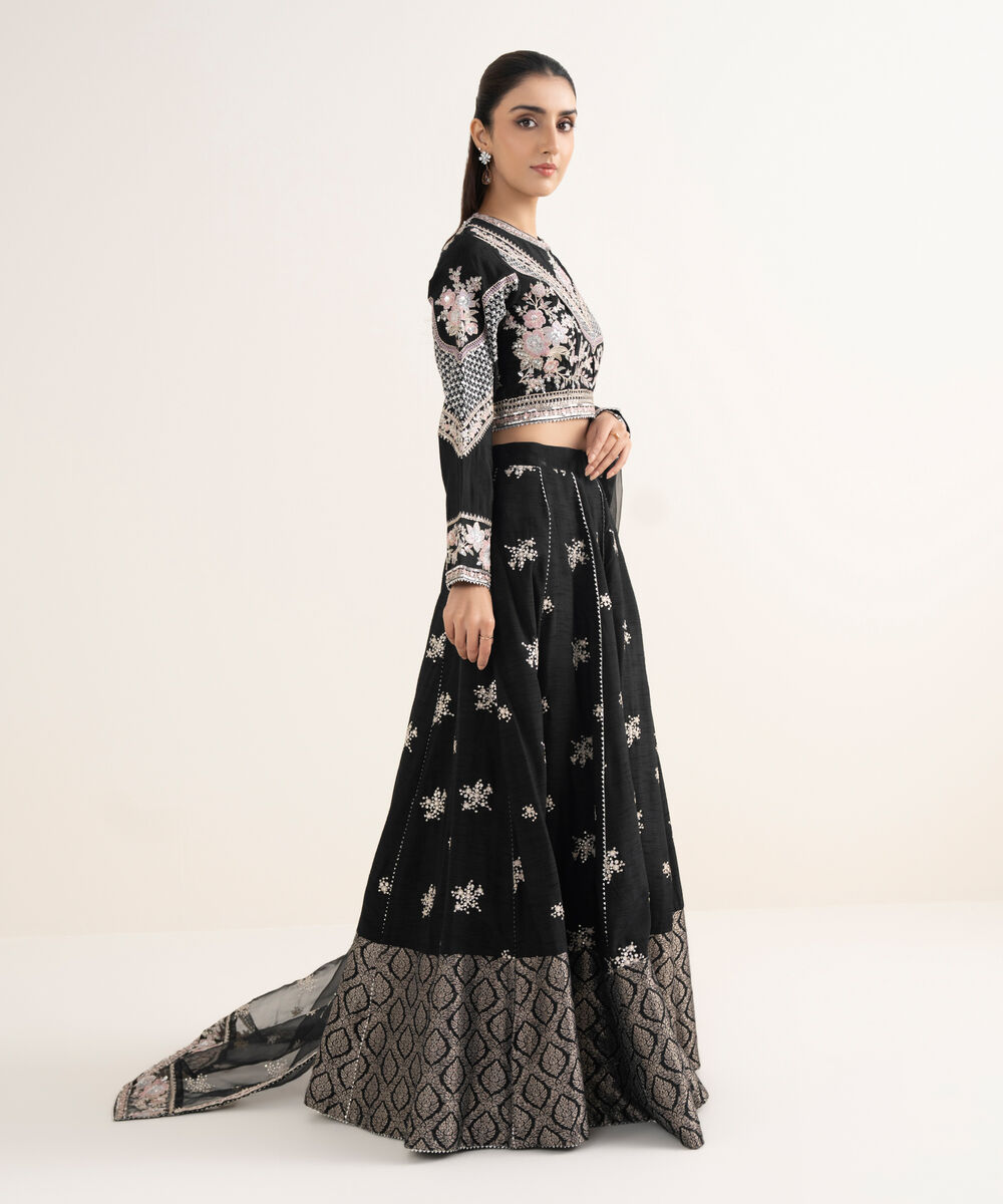 Women's RTW Raw Silk Embroidered Black 3 Piece Suit