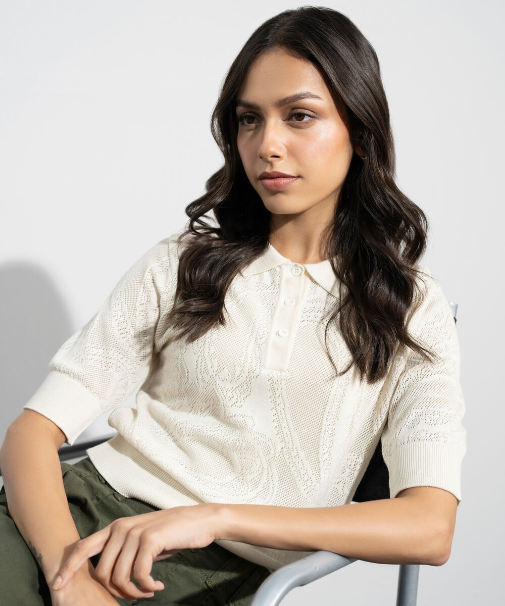 Women's Western Offwhite Pointelle Summer Knit Polo Top