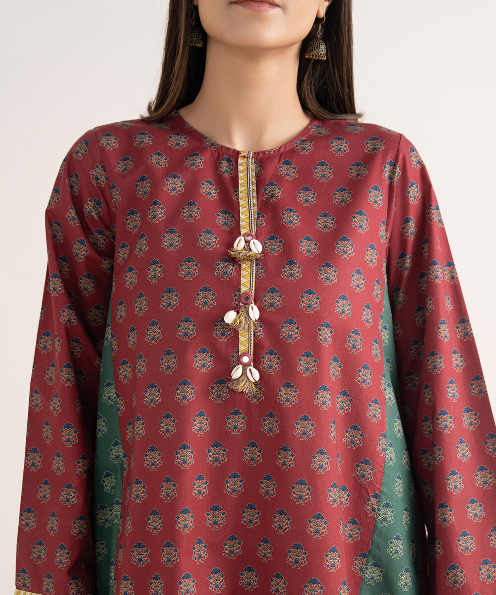 Women's RTW Cambric Maroon Printed A-Line Shirt