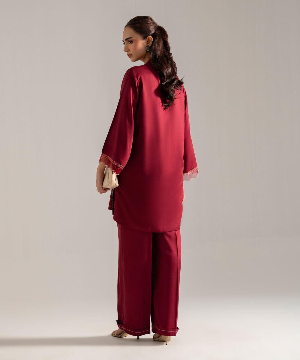 Women's RTW Solid Embroidered Maroon Bedford Shirt