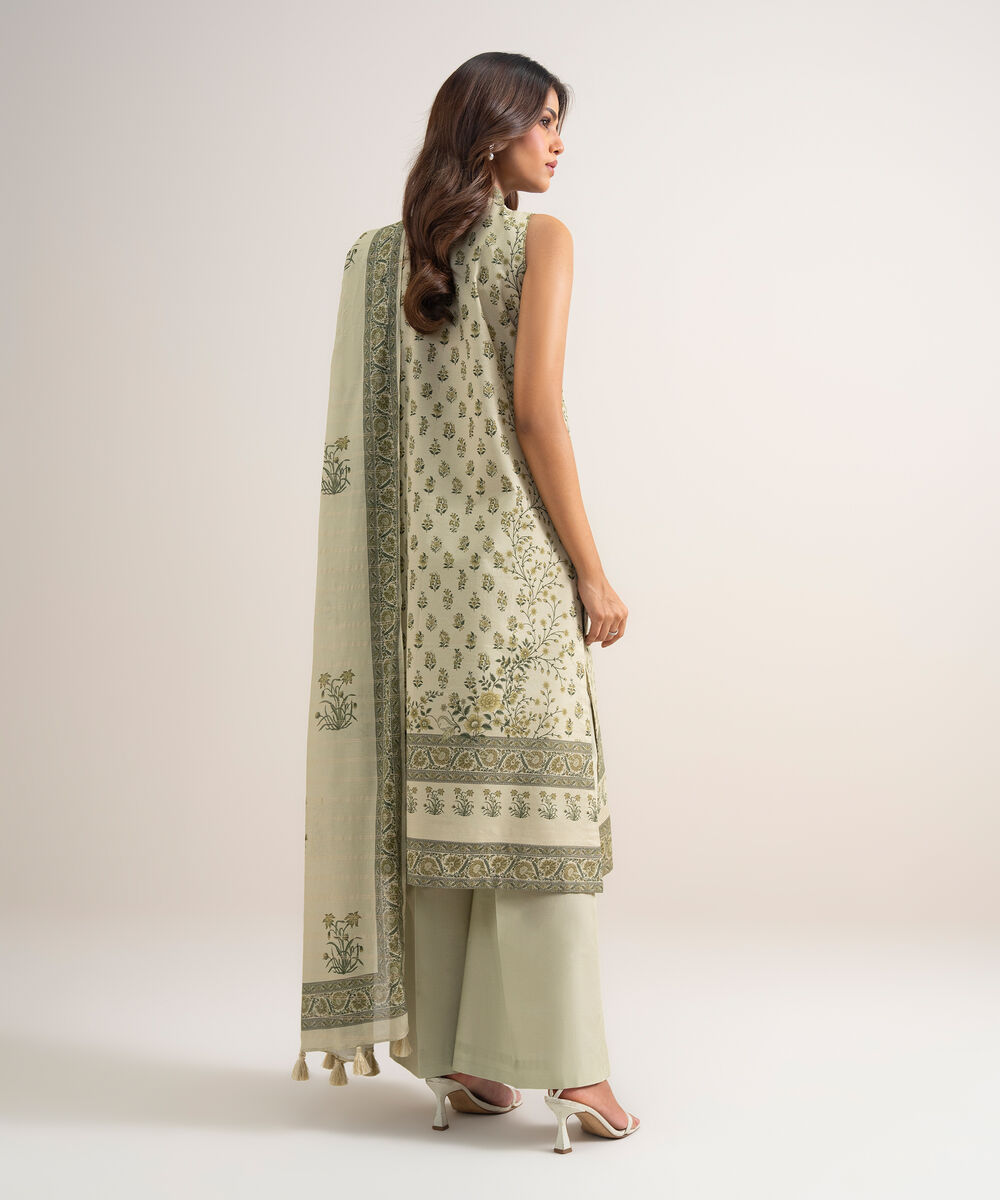 Women's Unstitched Zari Lawn Printed Beige 3 Piece Suit