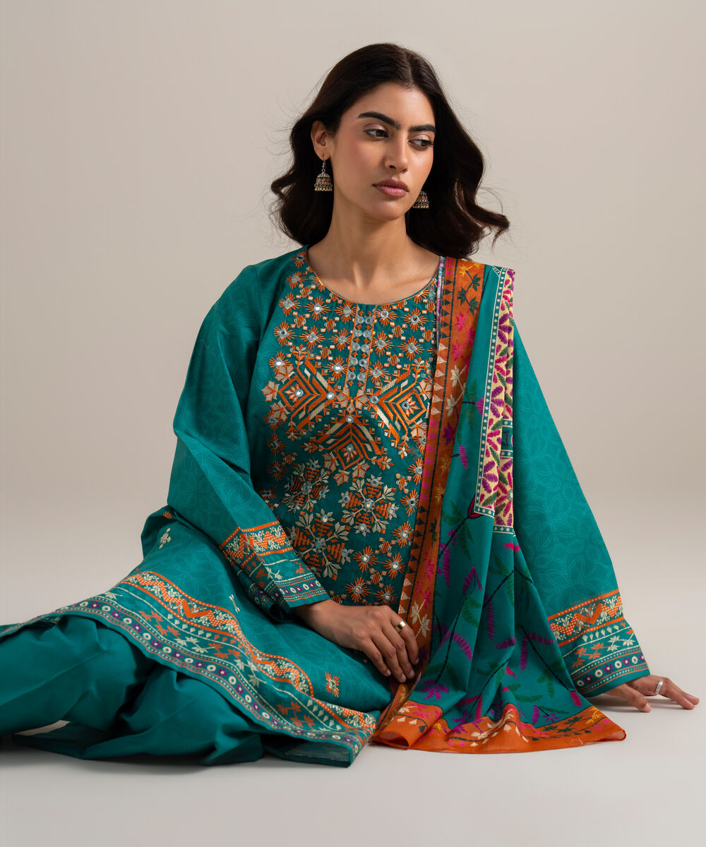 Women's Unstitched Lawn Embroidered Blue 3 Piece Suit