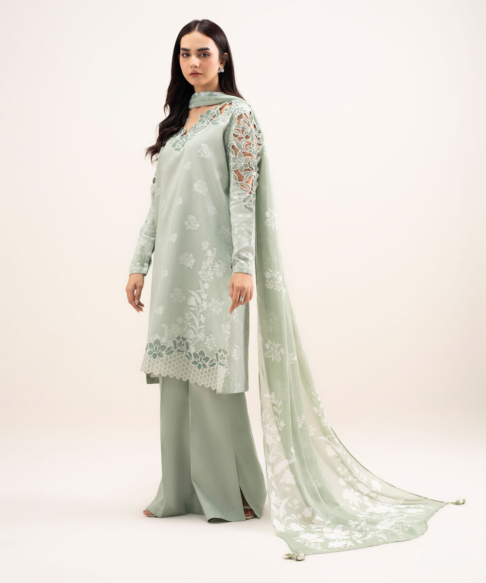 Women's Unstitched Extra Weft Jacquard Embroidered Green 3 Piece Suit