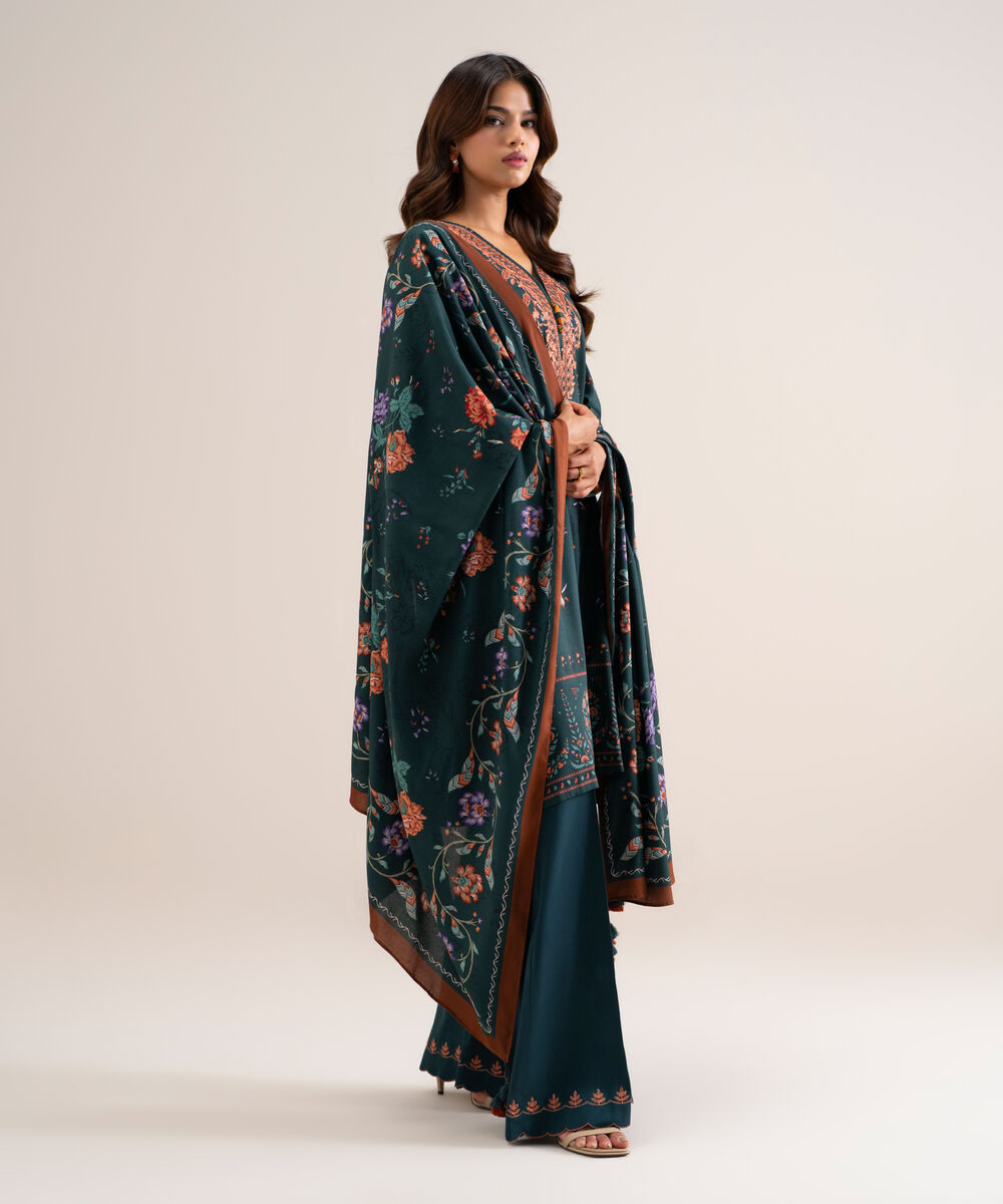 Women's Unstitched Printed Cotton Viscose Teal Green 3 Piece Suit