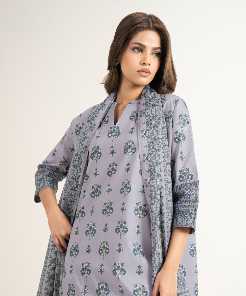 Women's Unstitched Lawn Printed Purple 3 Piece Suit