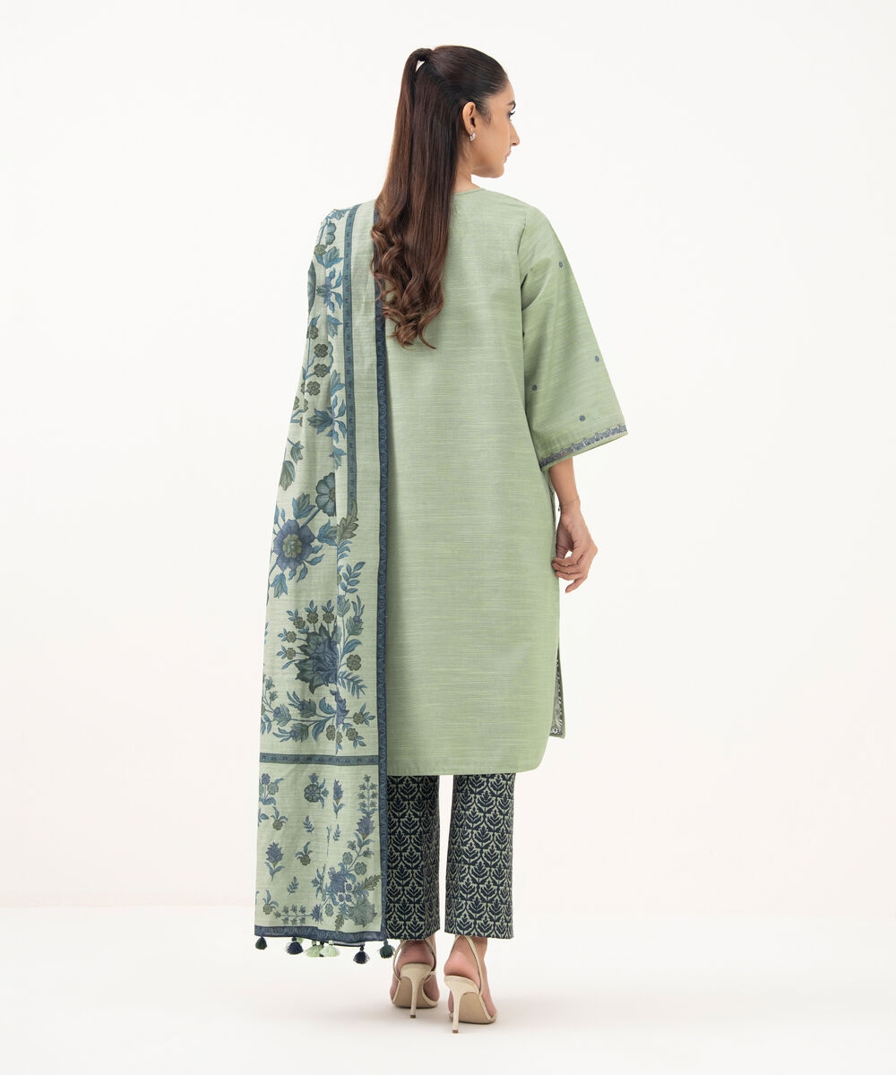 Women's Unstitched Khaddar Embroidered Green 3 Piece Suit