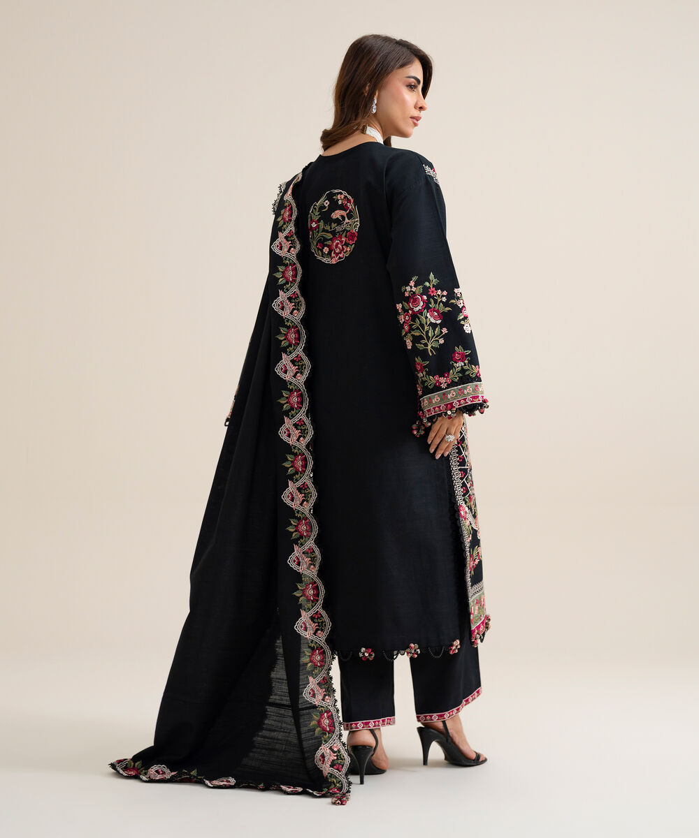 Women's Unstitched Basic Khaddar Embroidered Black 3 Piece Suit