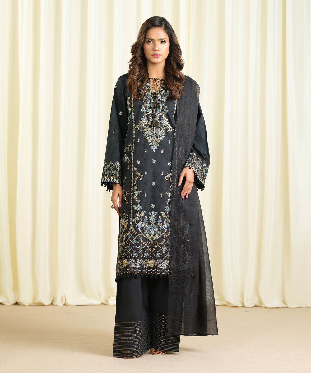 Women's Unstitched Cotton Jacquard Embroidered Black 3 Piece Suit