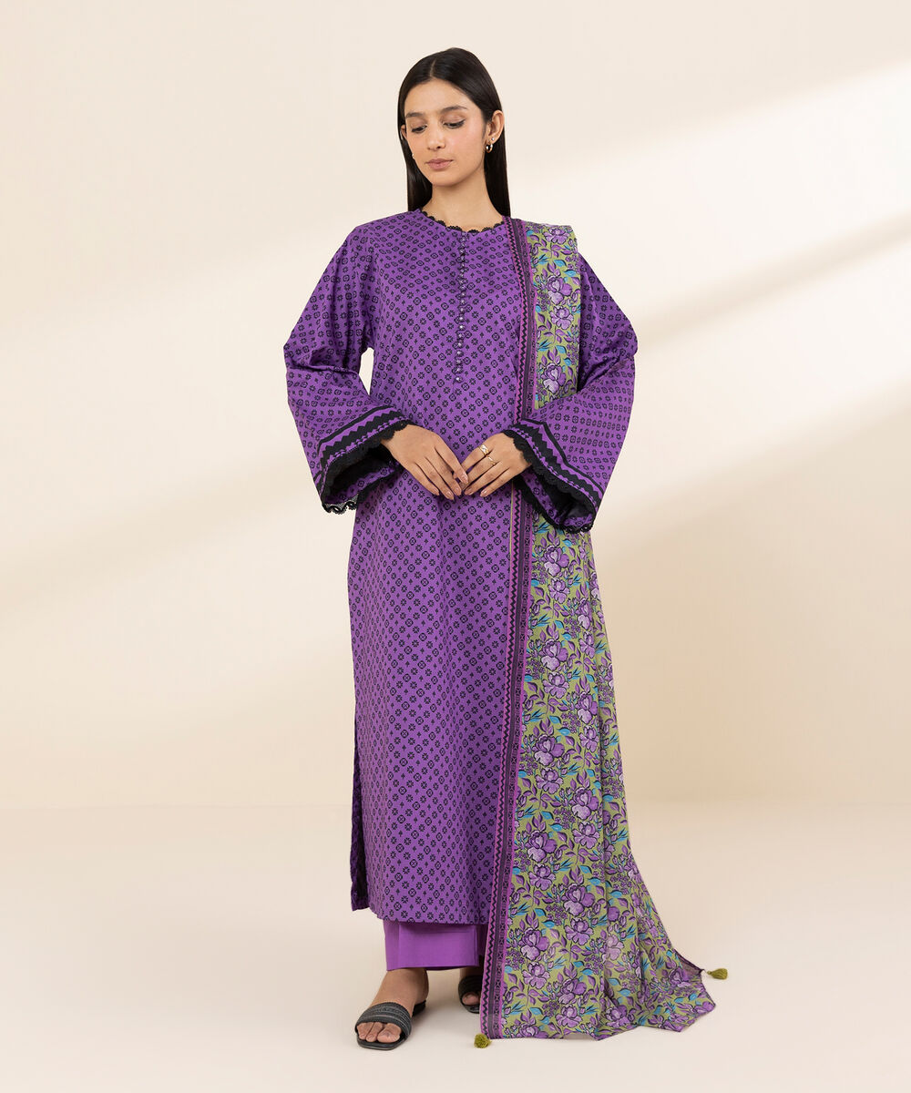 Women's Unstitched Lawn Printed Purple 3 Piece Suit