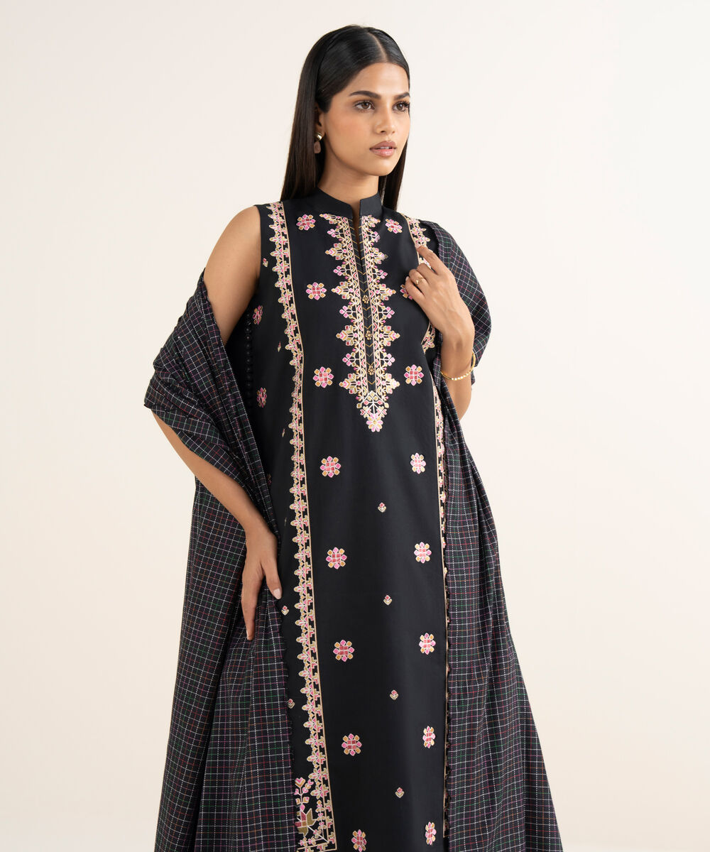 Women's Unstitched Embroidered Cotton Black 3 Piece Suit