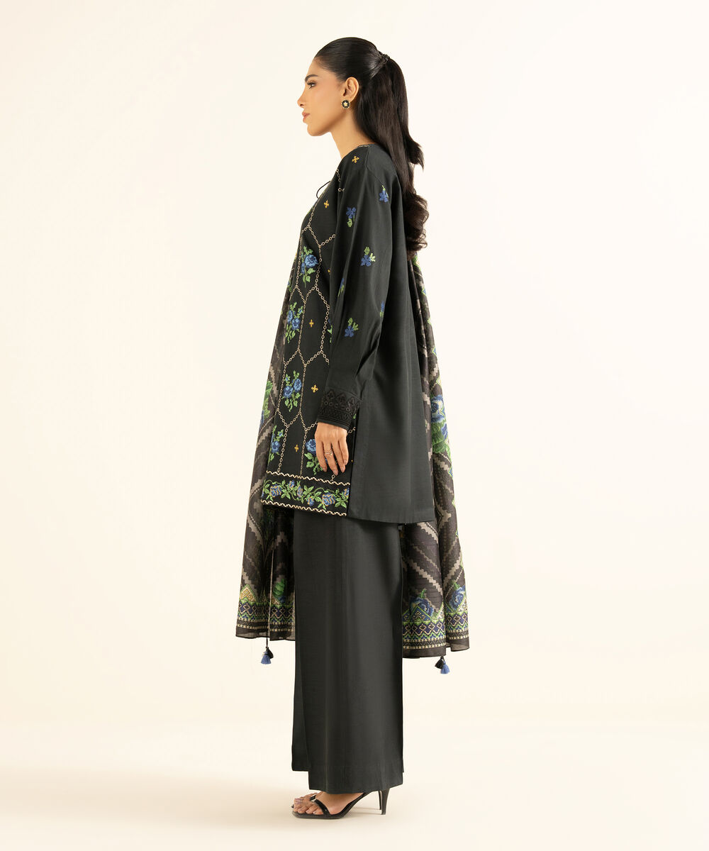 Women's Unstitched Viscose Raw Silk Embroidered Black 3 Piece Suit