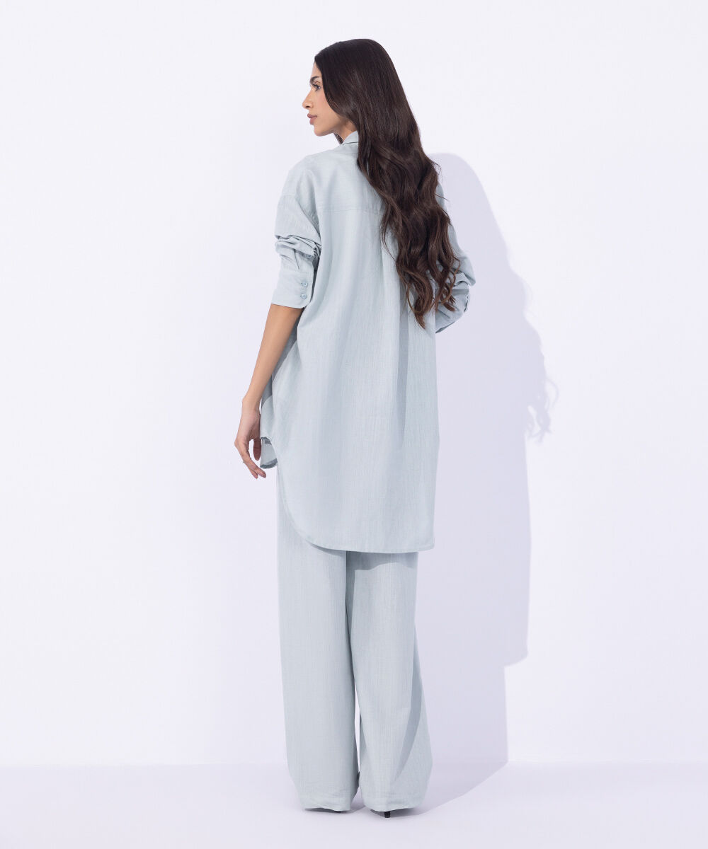 Women's Western Wear Blue Linen Blend Button Through Shirt