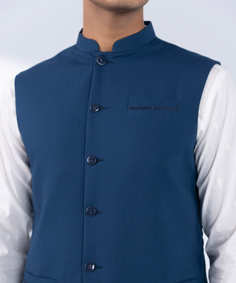 Men's Stitched Embroidered Blue Waistcoat