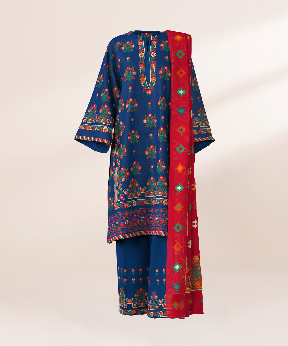 Women's Unstitched Khaddar Printed Blue  3 Piece Suit