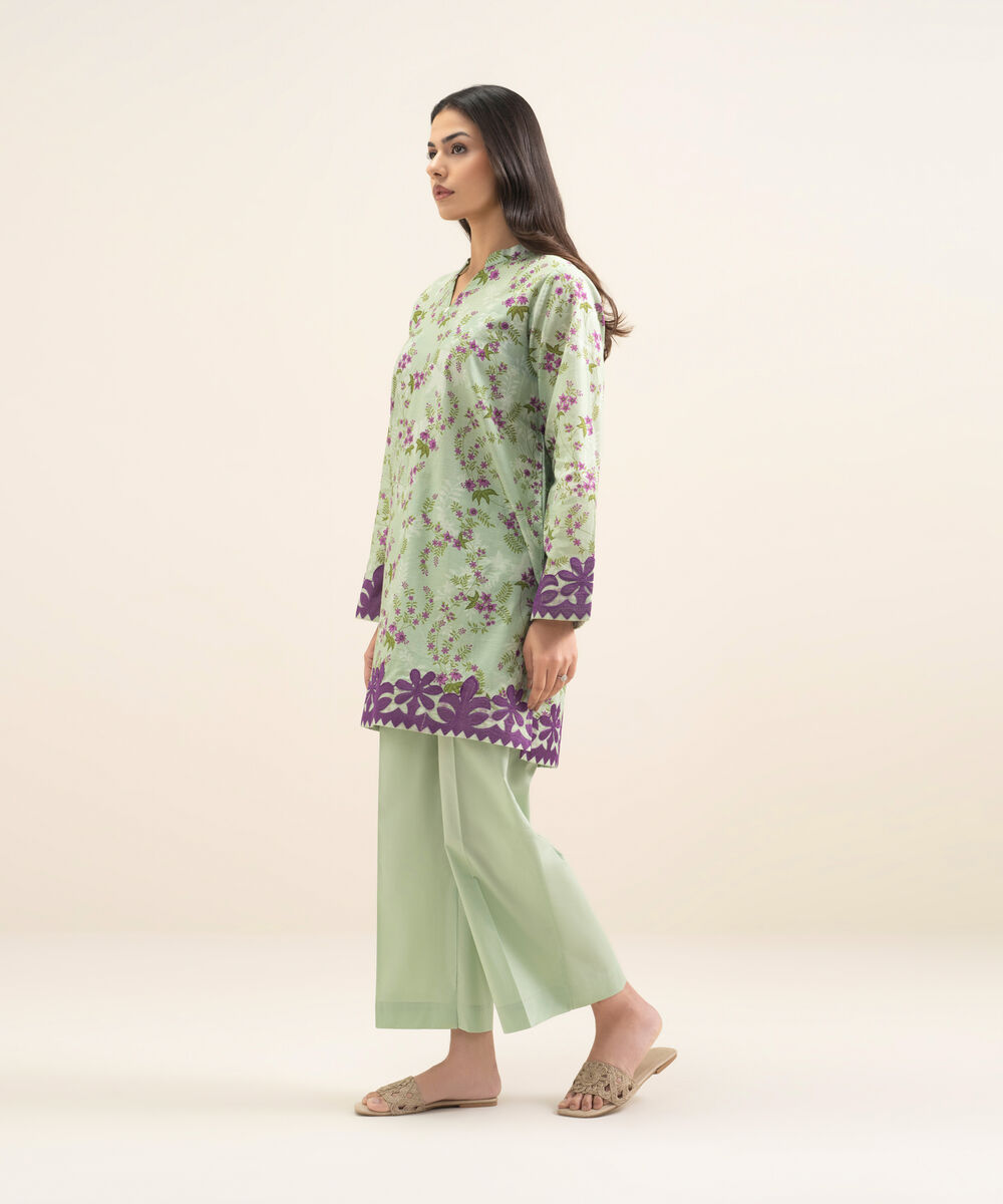 Women's RTW Slub Lawn Embroidered Green Straight Shirt