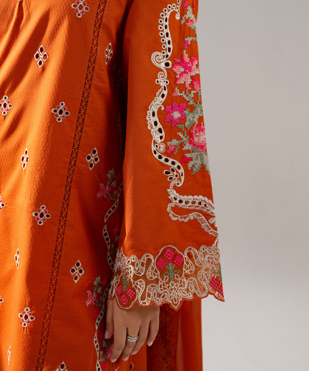 Women's RTW Dobby Embroidered Rust 3 Piece Suit