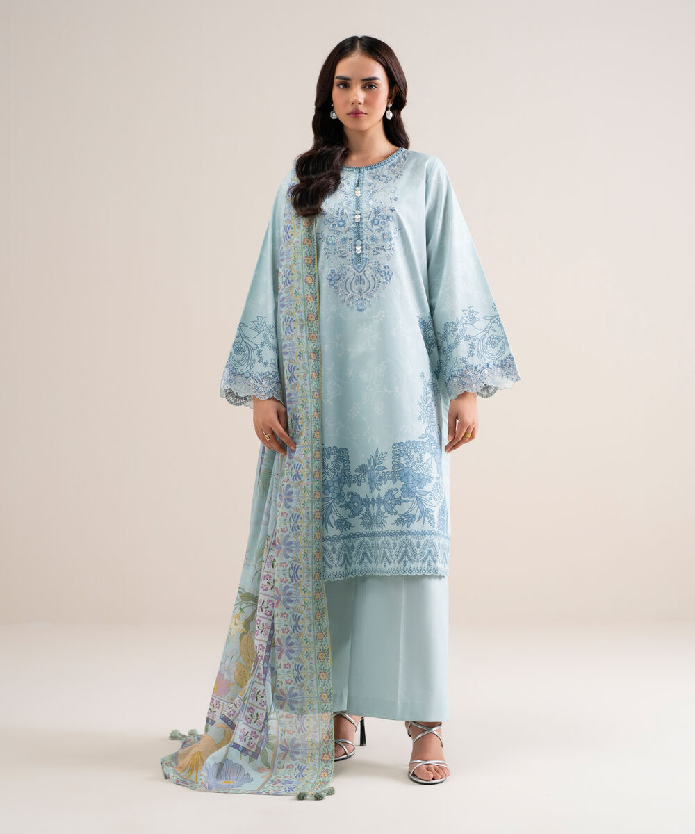 Women's Unstitched Embroidered Cotton Ice Blue 3 Piece Suit