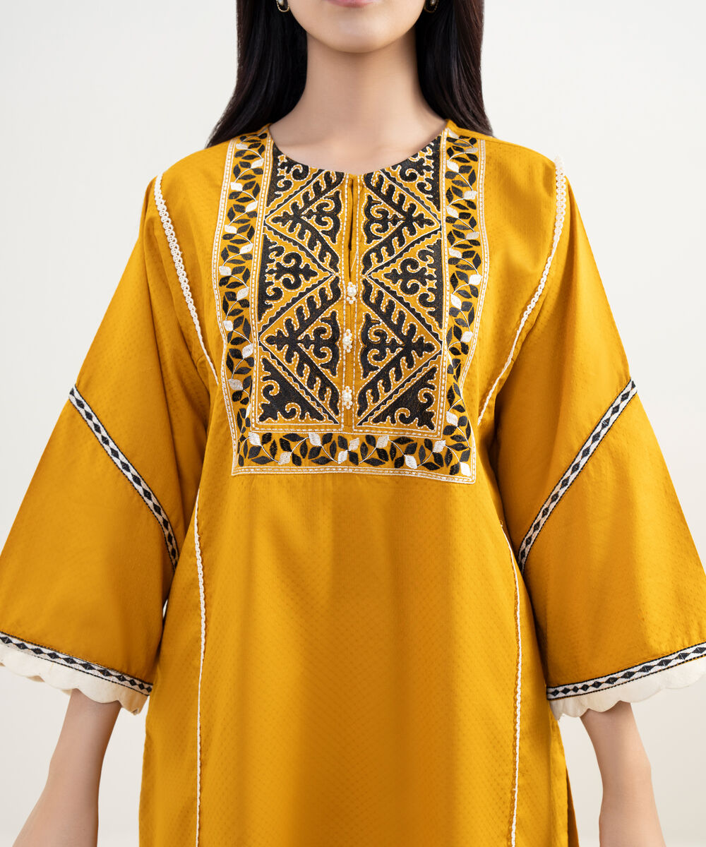 Women's RTW Dobby Embroidered Yellow Boxy Shirt
