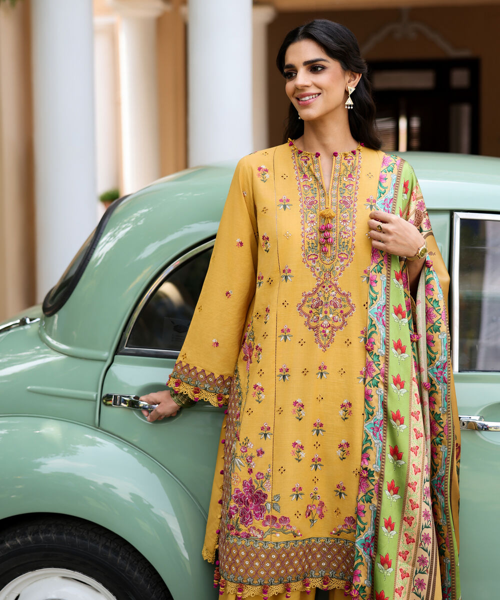 Women's Unstitched Textured Lawn Embroidered Yellow 3 Piece Suit