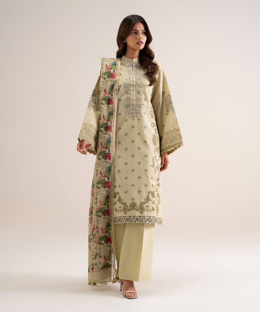 Women's Unstitched Embroidered Cotton Beige 3 Piece Suit