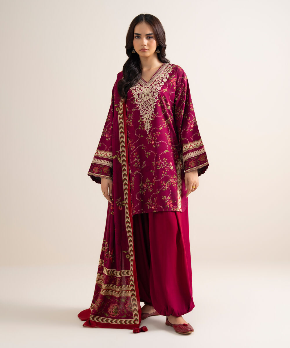 Women's Unstitched Printed Cotton Viscose Burgundy 3 Piece Suit