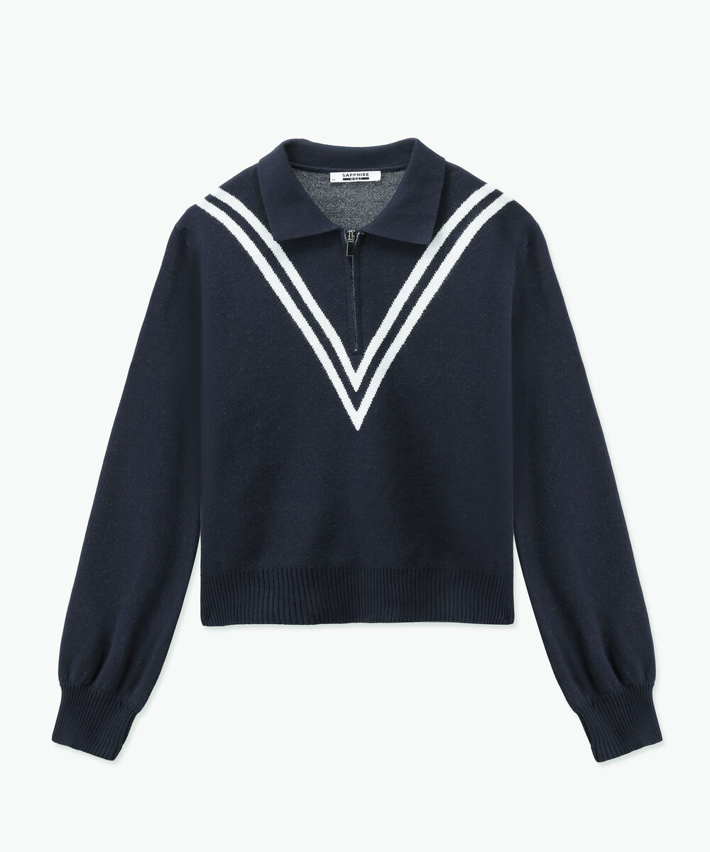 Women's Western Wear Blue Striped Polo Knit Sweater