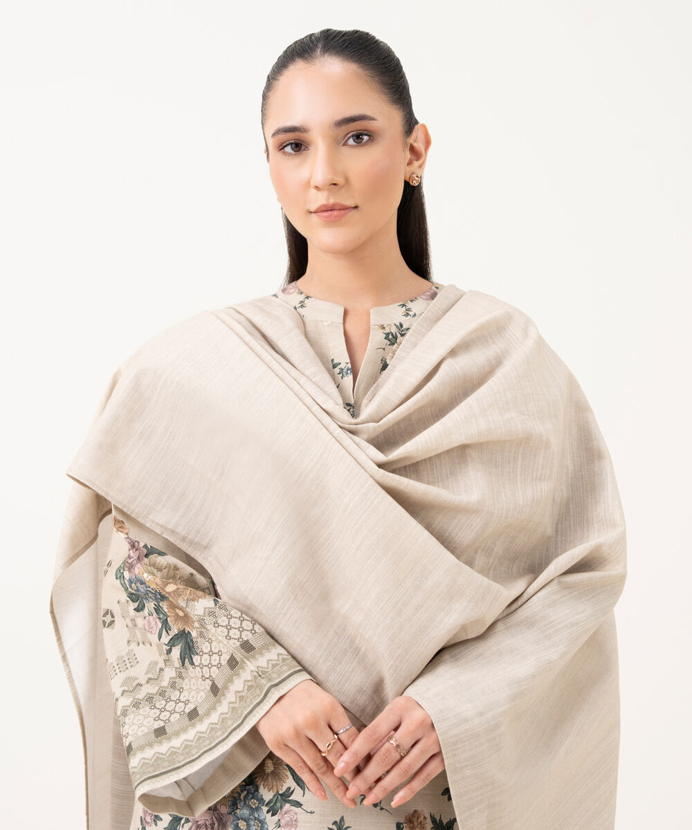 Women's Unstitched Khaddar Printed Beige 3 Piece Suit