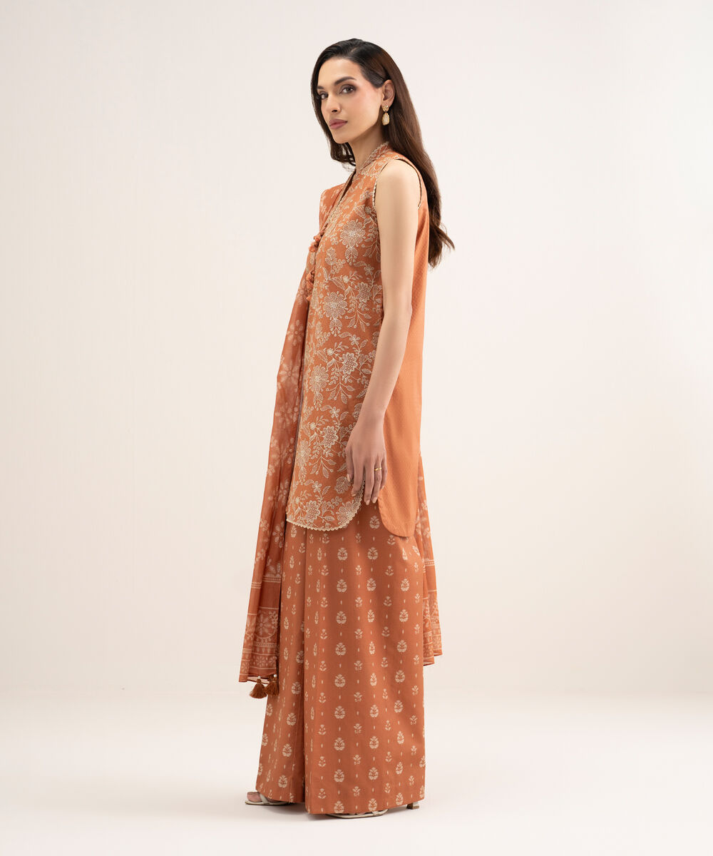 Women's Unstitched Dobby Embroidered Orange 3 Piece Suit