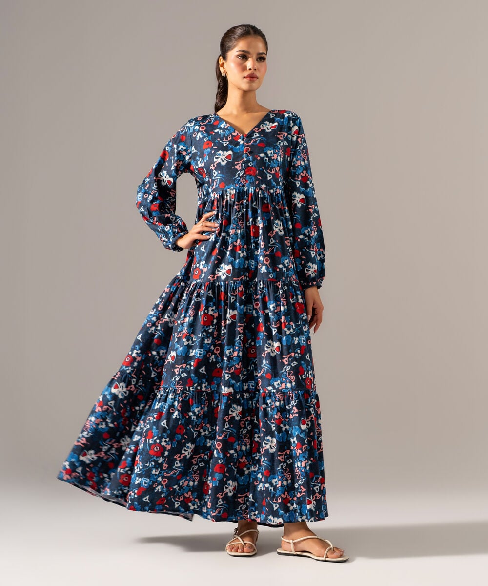 Women's RTW Cotton Viscose Printed Blue Dress