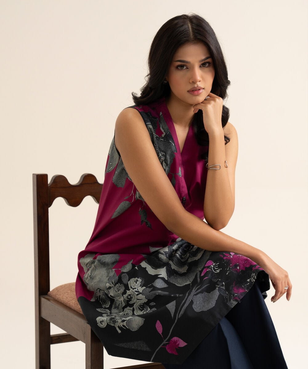 Women's Unstitched Cotton Printed Pink 2 Piece Suit