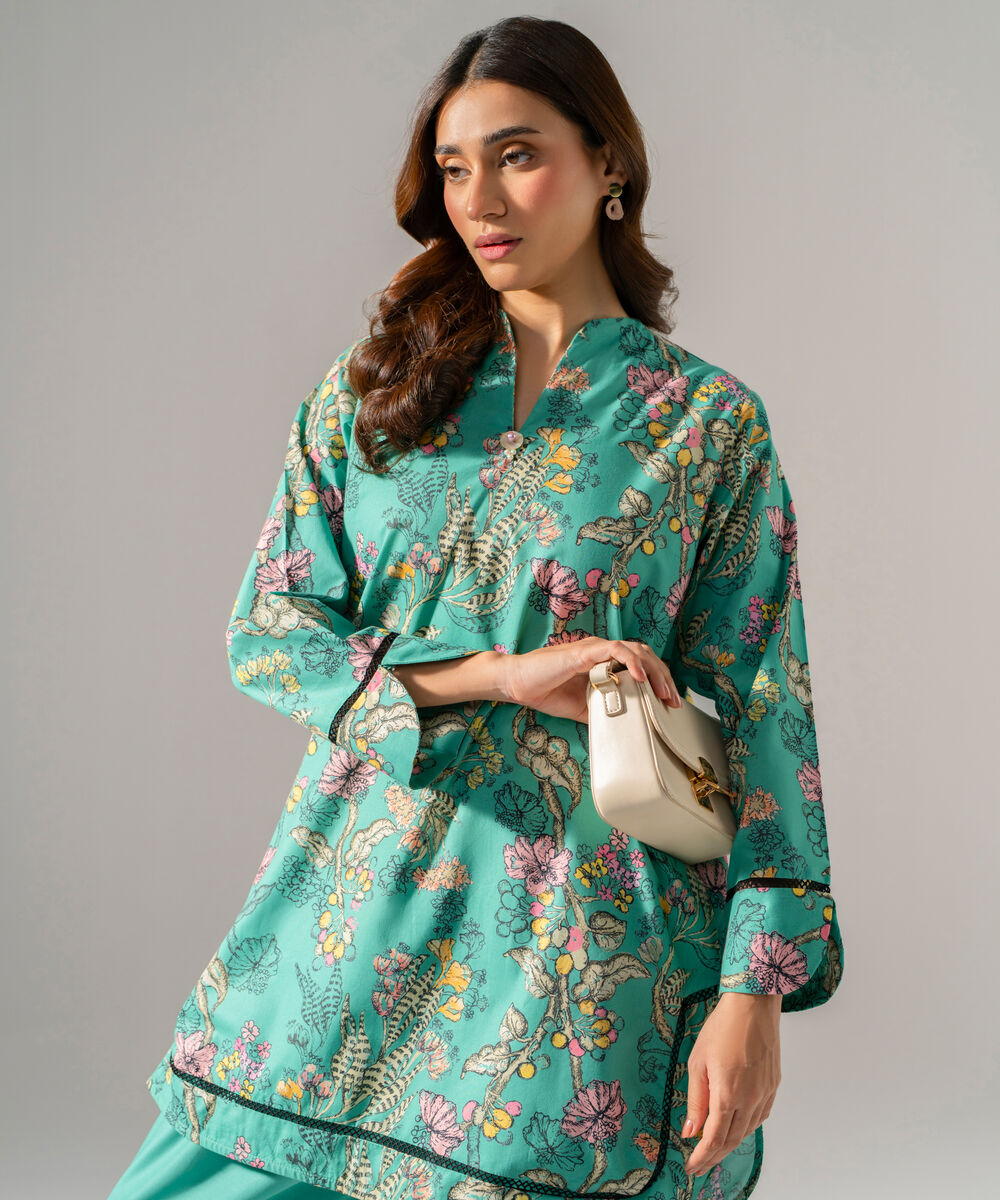 Women's RTW Cambric Printed Green Straight Shirt