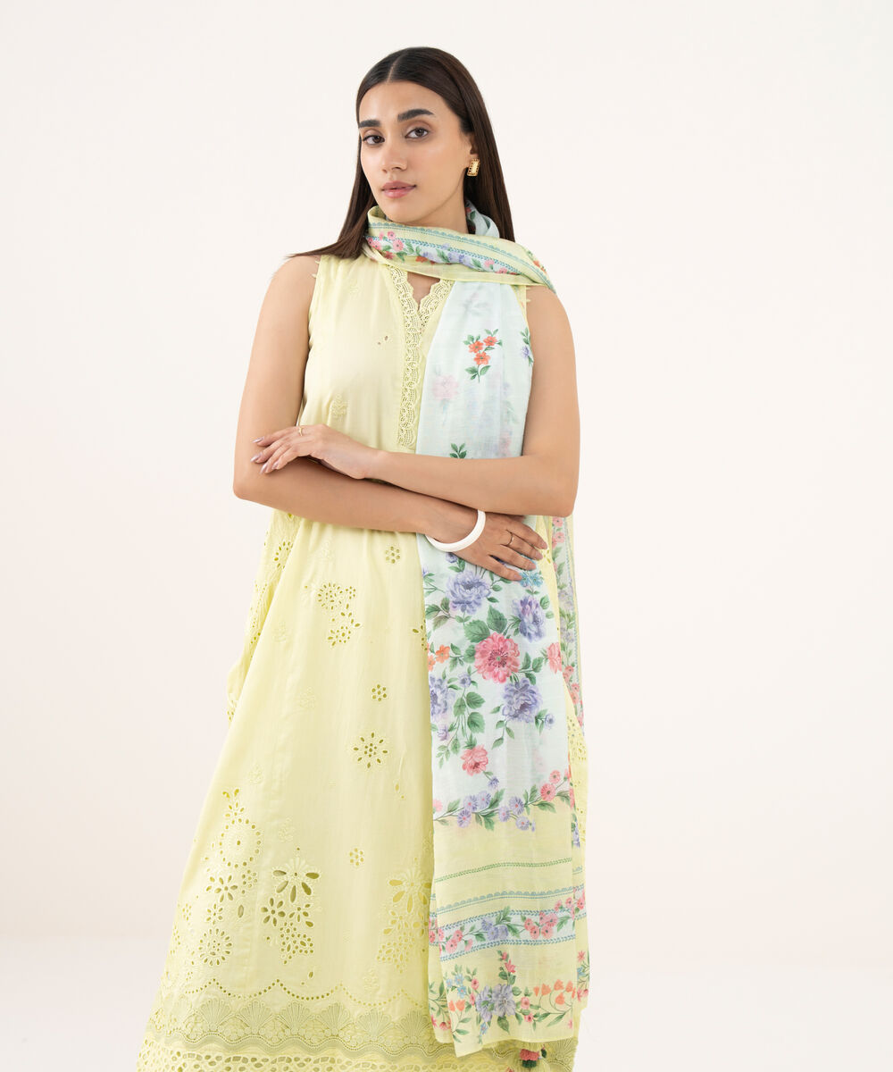 Women's Unstitched Fine Cotton Satin Embroidered Yellow 3 Piece Suit