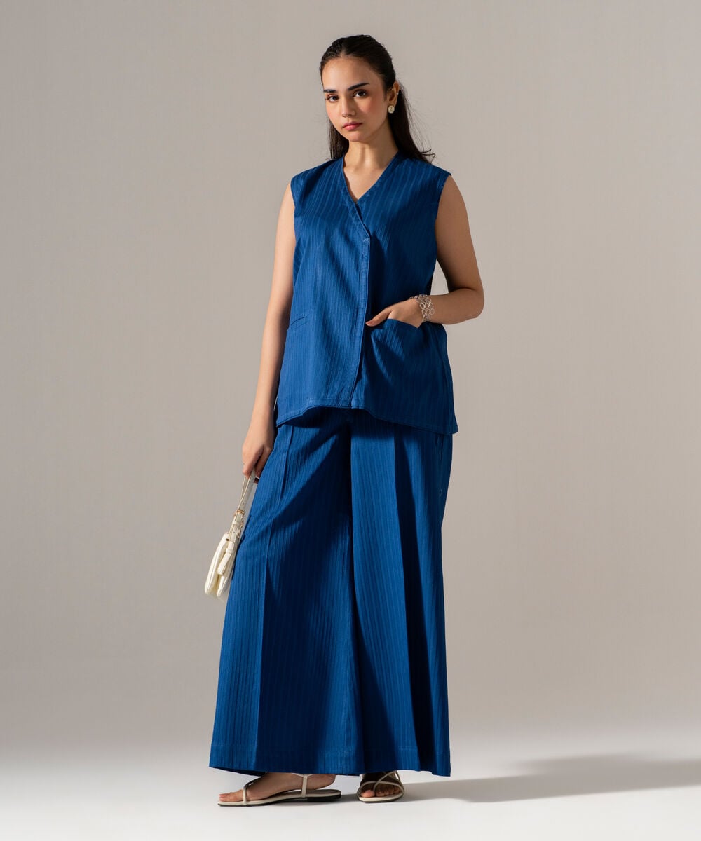 Women's RTW Dobby Strip Solid Blue 2 Piece Suit