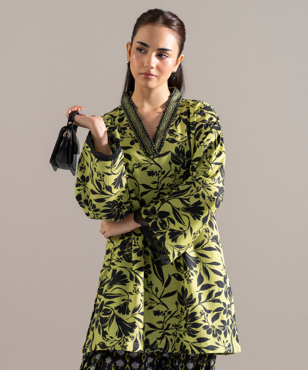 Women's RTW Seersucker Printed Green Straight Shirt
