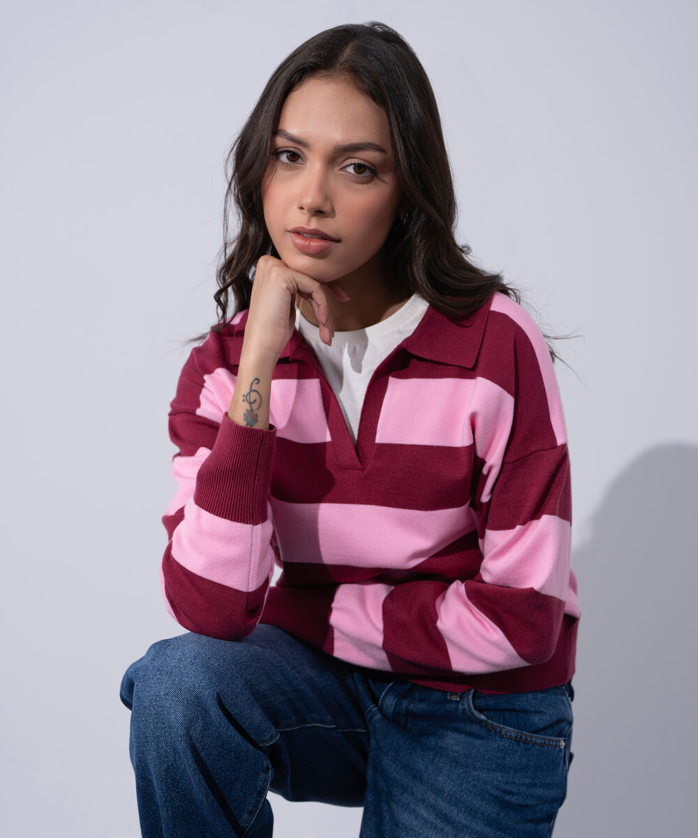 Women's Western Wear Merlot And Pink Striped Polo Neck Sweater