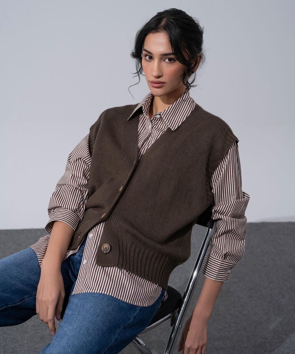 Women's Western Wear Taupe Acrylic V-Neck Sweater Vest
