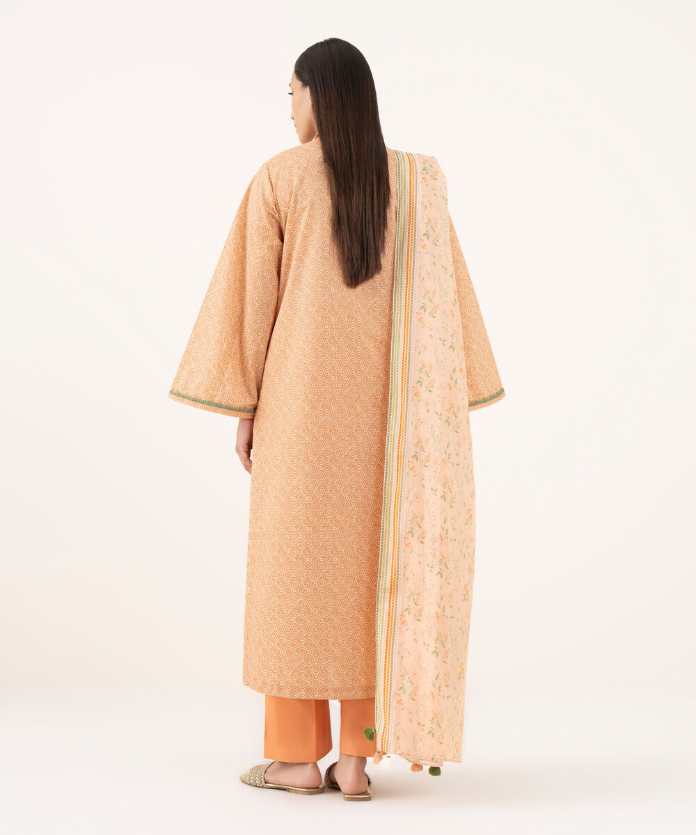 Women's Unstitched Lawn Printed Orange 3 Piece Suit