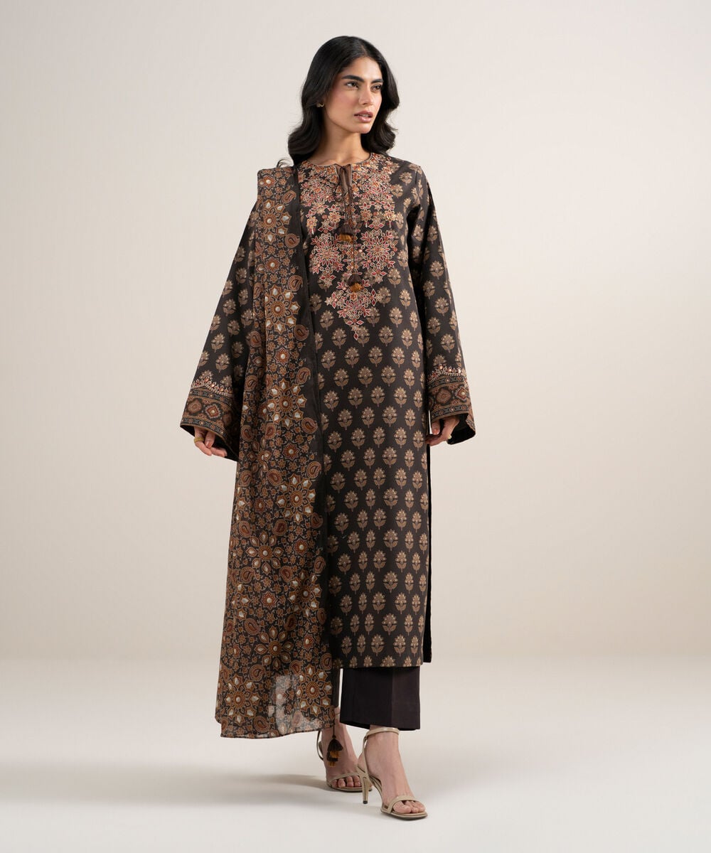 Women's Unstitched Lawn Embroidered Brown 3 Piece Suit