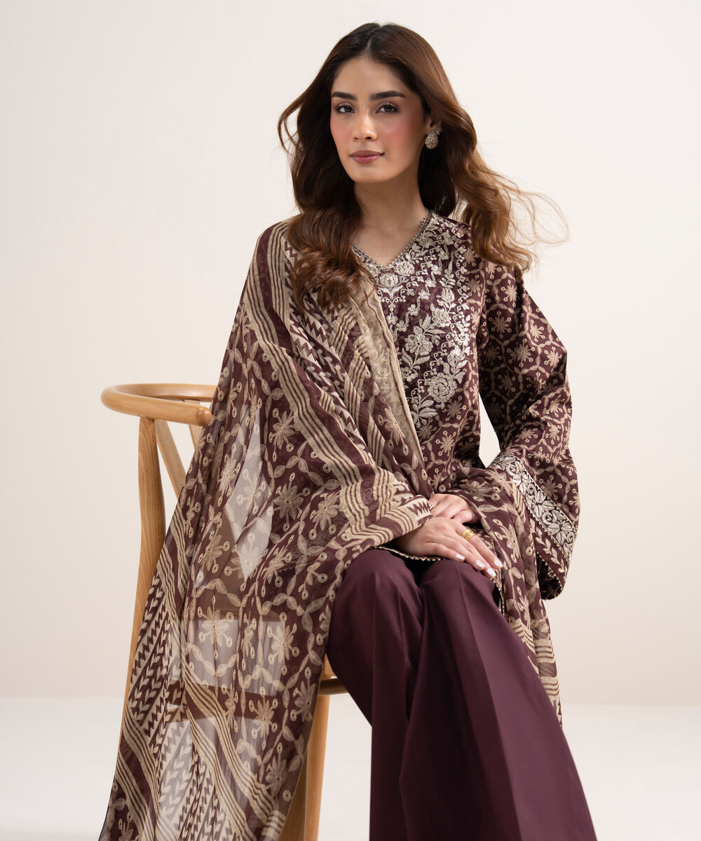 Women's Unstitched Lawn Embroidered Brown 3 Piece Suit