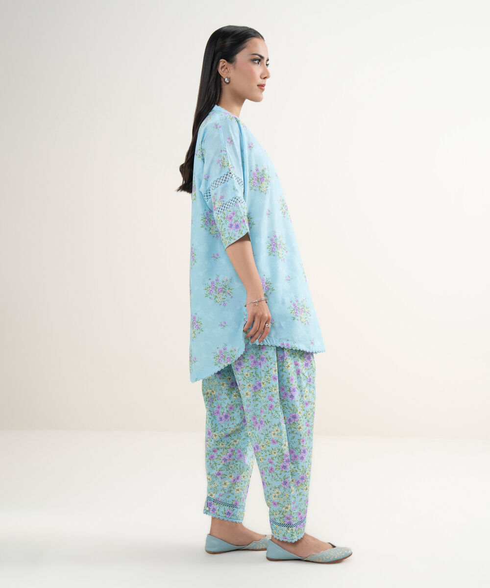 Women's RTW Lawn Printed Blue Drop Shoulder Shirt